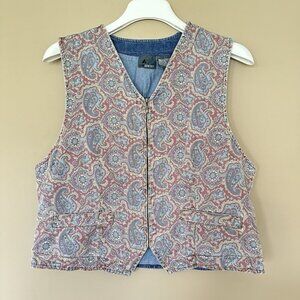 Vintage Coastal Cowgirl Paisley Zip Vest Women L Denim Corduroy Western Rodeo